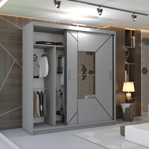 (203cm, Grey) Nicole Double Mirror Sliding Door Wardrobe 2