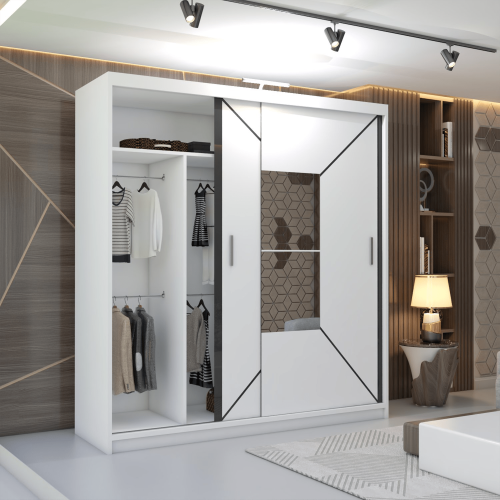 (203cm, White) Nicole Double Mirror Sliding Door Wardrobe 2