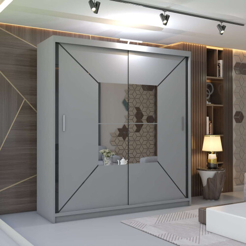 (180cm, Grey) Nicole Double Mirror Sliding Door Wardrobe
