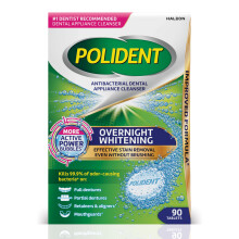 Polident Overnight Whitening Antibakterielle Reinigungstabletten f   r Zahnspangen, 90 St   ck