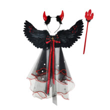 Halloween Costume Set Devil Angel Cosplay Accessory with Feather Wings Net Fabric Bow Black Multicolor 56 x 35 cm