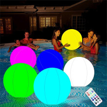 (White)Inflatable Light Up Beach Ball PVC 16 Colors Remote Control LED Beach Ball for Swimming Pool