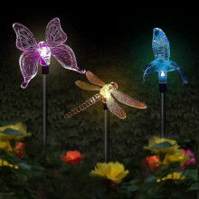 3 Pack Multicolor Changing Led Solar Garden Lights In Butterfly, Hummingbird, Dragonfly Shapes For Party