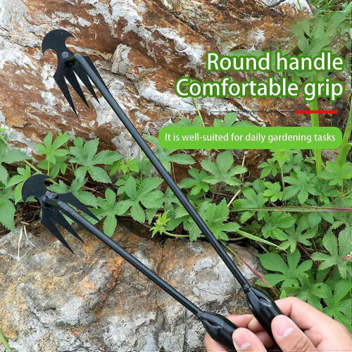 (40cm-Silver)Uprooting Weeding Tool Garden Rake with Long Handle High Strength Polished Surface Weed 1