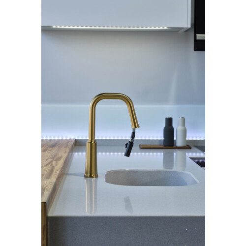 Riobel Trattoria Mixer with Pull Down Spray Square Spout Brushed Gold Kitchen Tap 1