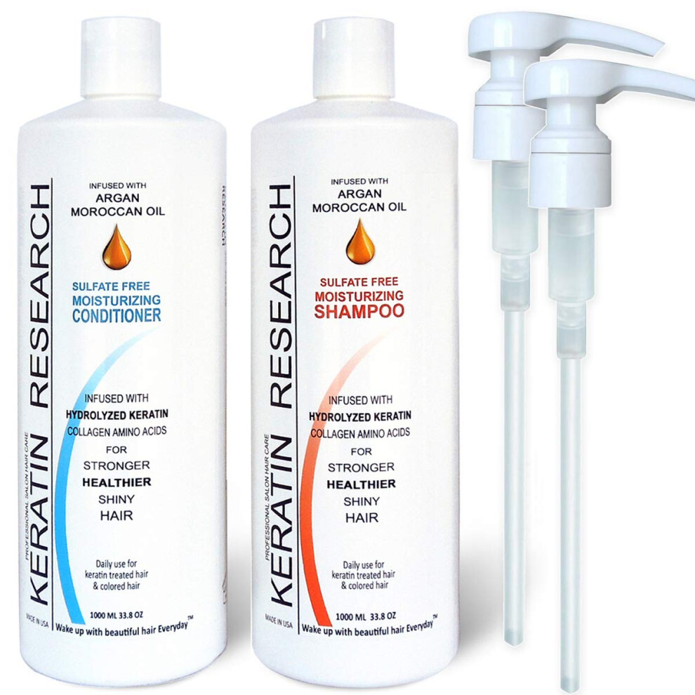 Keratin Research Sulfate Free Shampoo & Conditioner 2 X 1 Liter Bottles Set Infused With Moroccan Argan Oil By Post Treatment Shampoo