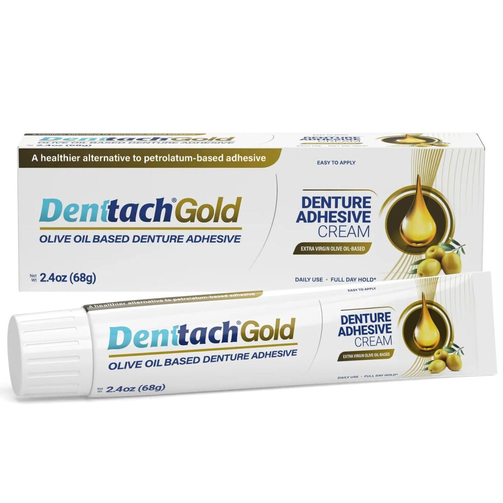 Denttach Gold Denture Adhesive Petroleum Free Olive Oil Based Premium Denture Adhesive Cream For Full And Partial Dentures All Day Secure Hold