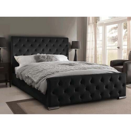 Oasis Buttoned Bed Frame with Velvet Finish 4FT6-Black