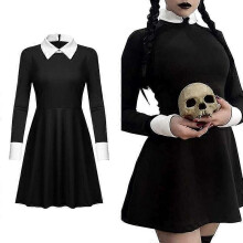 (L-Lange Ärmel) Wednesday Adams Family Cosplay-Kostüm, schwarzes Kleid (kurze Ärmel/lange Ärmel)