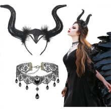 Heksenhoorn hoofdband, Halloween duivel haaraccessoires dameskostuum met gotische vintage zwarte kanten