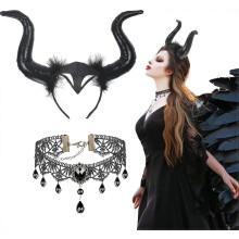 Heksenhoorn hoofdband, Halloween duivel haaraccessoires dameskostuum met gotische vintage zwarte kanten