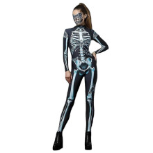 (L) Dames Halloween skelet bodysuit met bottenprint, grappige rits, feestjumpsuit, sexy schedel bodysuit