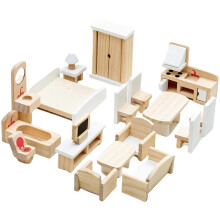 (01) Houten poppenhuismeubelset met poppen en realistische kamerscène-displayaccessoires voor kinderen