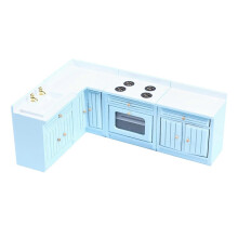 (Blauwe keuken vier pi) Houten Mini Keukenkast Spoelbak Tafel Miniatuur Decoratie Accessoire 1:12 Schaal