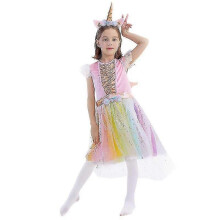 (S-105-115cm) Einhornkleid für Mädchen Einhornkostüm mit Stirnband und Flügeln
