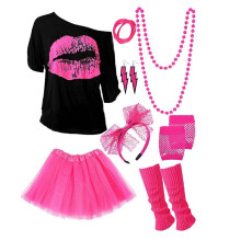 (XXXL) Lebendiges 80er und 90er Damen Outfit Set mit Neon Accessoires für Retro Mottopartys und Karneval