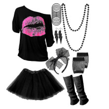 Buntes 80er-90er Karnevalsoutfit für Damen mit Stirnband, Halskette und Themenaccessoires