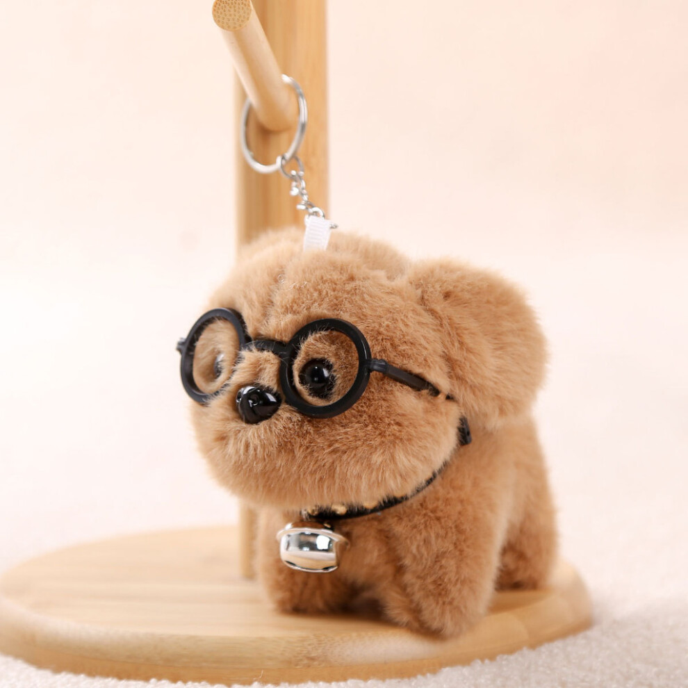 (Brown) Glasses Wear Dog Plush Keychain Toy Charm Short Pile Fabric Key Decoration Bag-image-OPC-PK5JWY9-NEW
