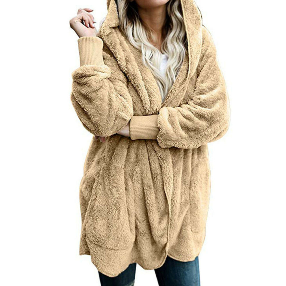 (Apricot, L) Winter Women Fluffy Coat Fleece Fur Jacket Teddy Bear Outerwear Hoodies Casual