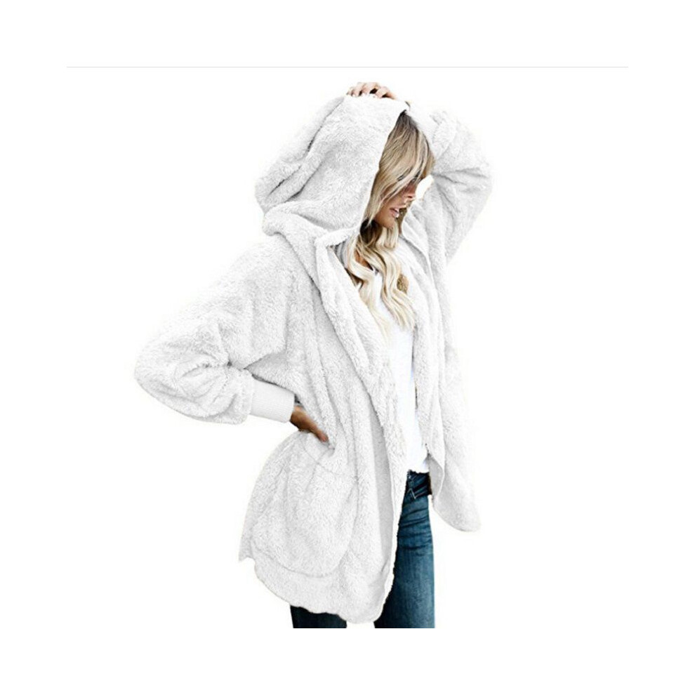 (White, M) Winter Women Fluffy Coat Fleece Fur Jacket Teddy Bear Outerwear Hoodies Casual