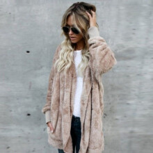 (Khaki, L) Winter Women Fluffy Coat Fleece Fur Jacket Teddy Bear Outerwear Hoodies Casual