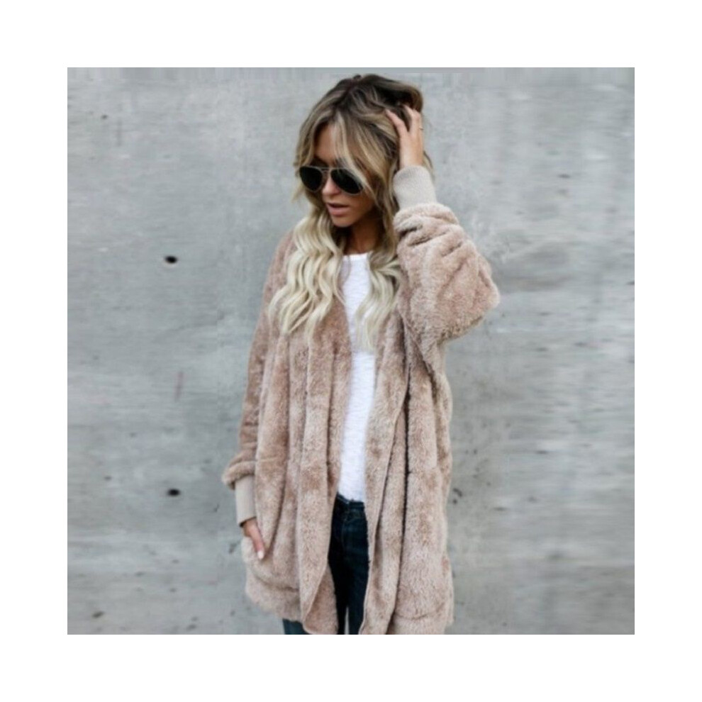 (Khaki, L) Winter Women Fluffy Coat Fleece Fur Jacket Teddy Bear Outerwear Hoodies Casual