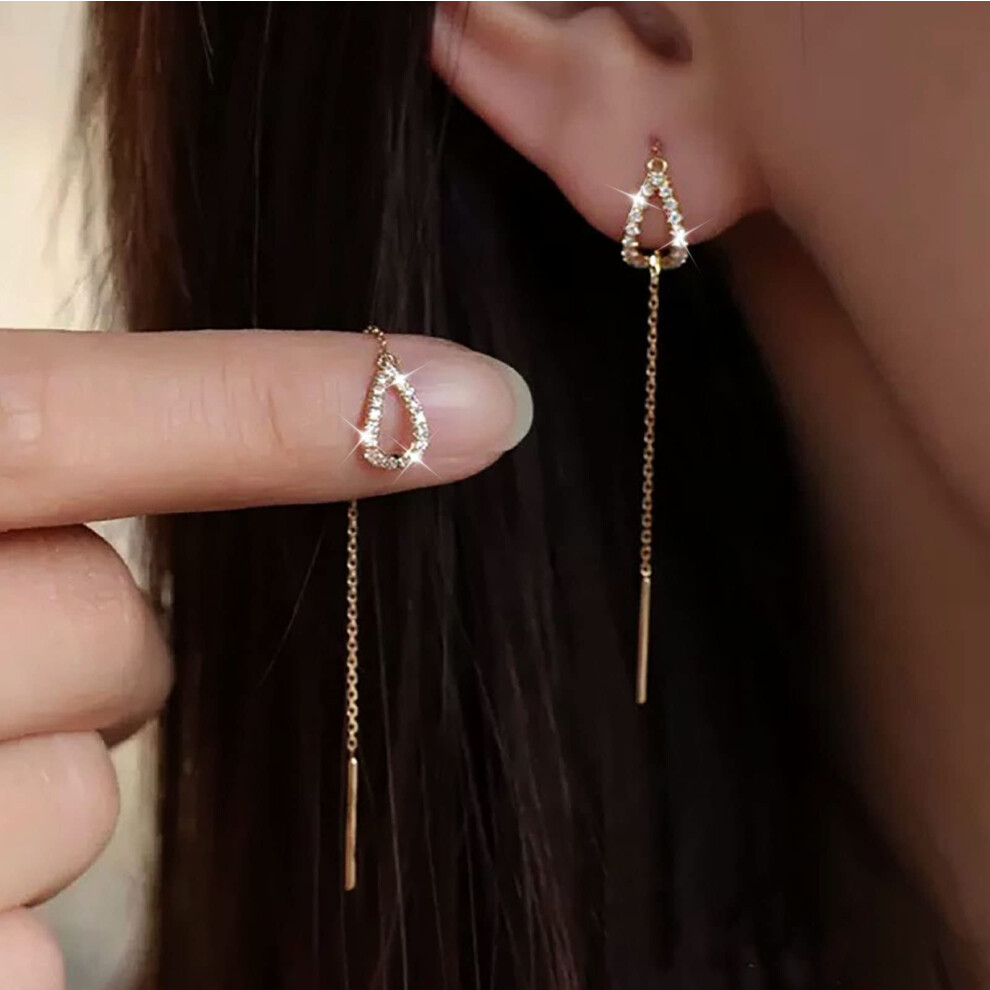 Cz Stud Earrings For Women And Girls, Chain Threader Long Tassel Dangle Drop Earrings, Elegant Jewellery Style 2 Gold