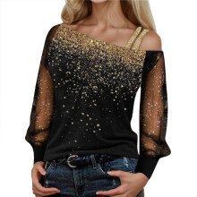 Glitter Tops for Women Long Sleeve Sequin Shirt Elegant Sexy New Year's Outfit Mesh Pullover Gold L