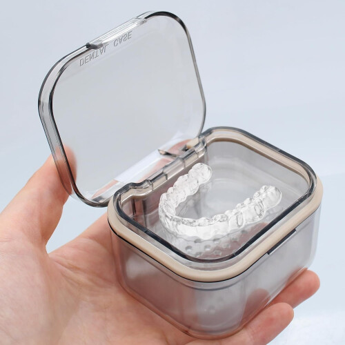 Dental Denture Box with Net, Leak-Proof Portable Storage Case for False Teeth Cleaning, Black, Compact Size 2