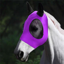 Fly Mask Horse UV Protection for Warmbloods, Breathable Fine Net with Ear Protection, Elastic Fit, Anti-Mosquito, Purple