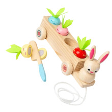 Wooden Pull-Along Rabbit Toy with Carrot Picking Activities for Fine Motor Skill Development in Preschool Children