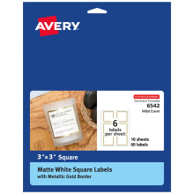 Avery mattweie Etiketten mit metallisch-goldenen Rndern, 7,6 x 7,6 cm, quadratische Etiketten, insgesamt 60 laser-/tintenstrahldruckbare Etiketten