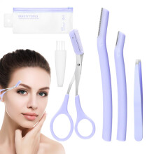 Eyebrow Trimmer Set with Scissors and Comb, Purple Eyebrow Grooming Kit for Men and Women, Protective Case Included