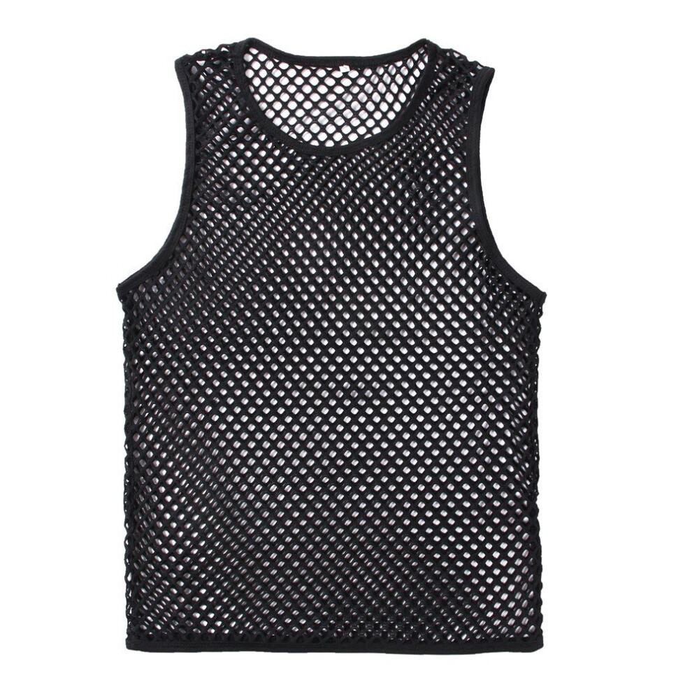 Black Men's Mesh Tank Tops Sleeveless Muscle Shirts Xl Round Collar Clubwear Transparent Fabric