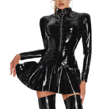 Women's Wetlook Mini Dress PU Leather Bodycon Dress V Neck Tight Fit XL-XXL Glossy Skin Tight Stage Costume Clubwear