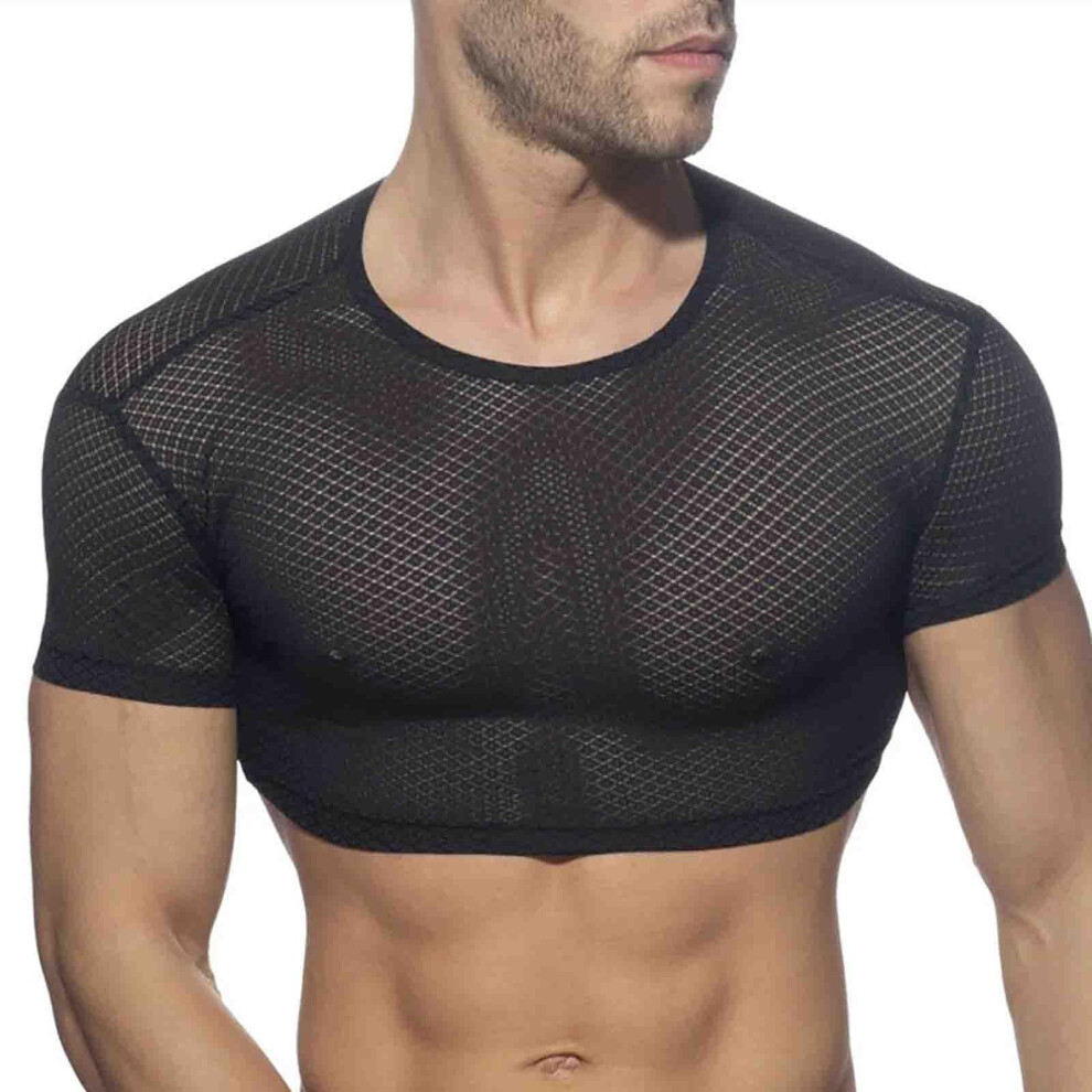 Black Men's Transparent Mesh Crop Top Shirt Slim Fit Wetlook Bodybuilding Muscle Shirt Casual Kinky Outfit In L