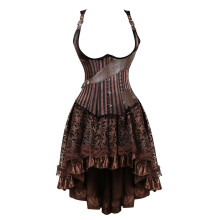 Corset Dress Women's Leather Bustier Costume Retro Pirate Burlesque Steampunk Cocktail Dress S-3XL Brown M