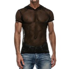 Herren Unterhosen Transparent Lässiger Muskel-Kapuzenpullover Kurzärmeliges Mesh-Shirt Oberteil Breiter Schwarz XL