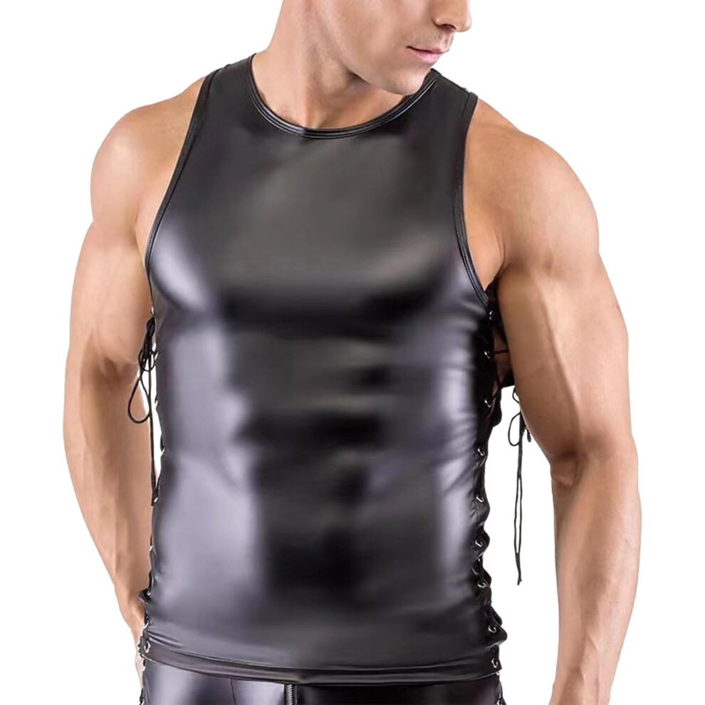 Black Wetlook Tank Top For Men, Leather Fitness Muscle Shirt, Size L, Clubwear Undershirt For Nightwear