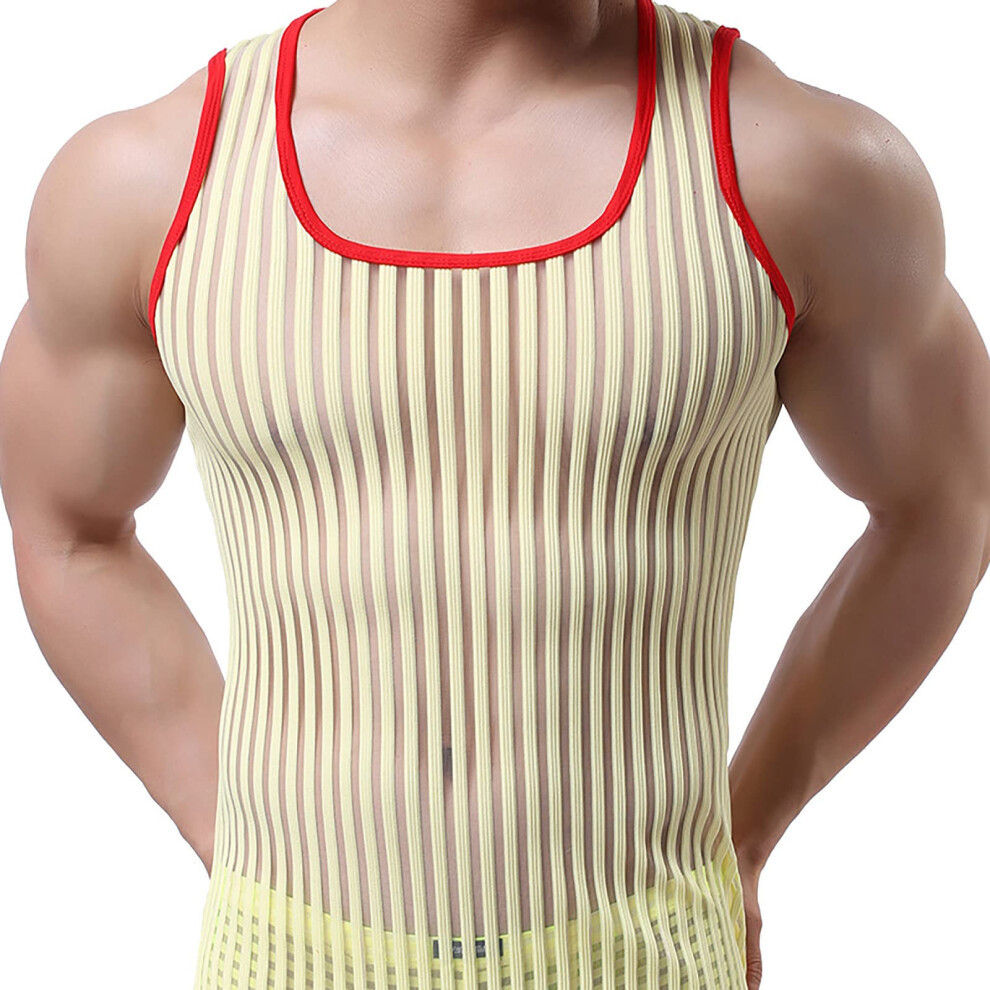 Yellow Transparent Mesh Shirt Men's Slim Fit Fishnet Crop Top Sleeveless Wetlook Tank Top Clubwear Size L In
