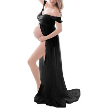 Dresses for Pregnant Women, Black Maternity Dress for Photo Shoot, Shoulderless Style, Elegant Evening Party Dress with Slit