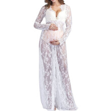 Maternity Dress Long Sleeve Lace Evening Gown Deep V-Neck White Maxi Dress for Wedding Party Photo Shoot Size M