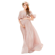 Women's Maternity Dress, Off Shoulder Floor Length, Elegant Plain Pink Photo Shoot Dress, Summer Wedding Nursing Gown