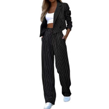 Women's Two-Piece Suit Set XL Black, Long Sleeve Lapel Jacket and High Waist Straight Trousers, Fashion Striped Streetwear Outfit