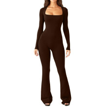 Full Body Women's Sexy One Piece Bodycon Outfit Long Sleeve Yoga Jumpsuit with Wide Leg Flared Trousers in Brown M