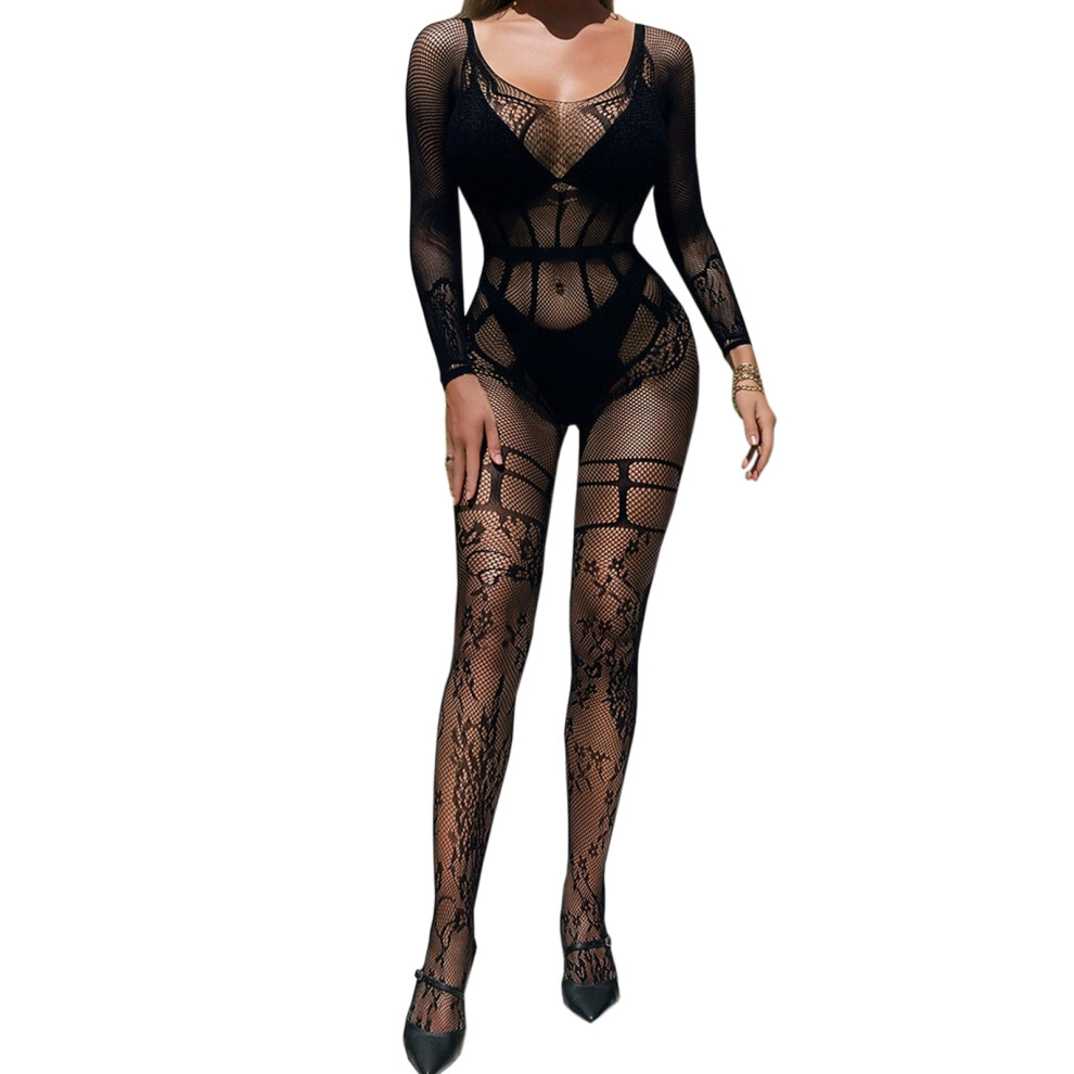 Black Women's Fishnet Bodysuit Catsuit Lingerie Nylon Mesh Full Body Tights Sexy Size S-Xl For Nightwear And Costumes