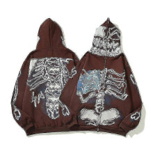 (asian XXL, Auburn) Hip Hop Cactus Jack Fragment Skull Print Zipper Hooded Hoodies Men's And Women's Retro Oversized Harajuku Casual Sweatshirts