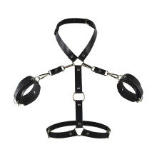 Leather Bondage Handcuffs with Collar, Adjustable Back Restraints for BDSM, Black Wrist Cuffs for Couples, Fetish Toys