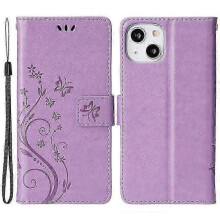 (LightPurple) Compatible For iPhone 15 Plus PU Leather Wallet Cover Cell Phone Case Imprinted Butterflies Shell Stand with Strap