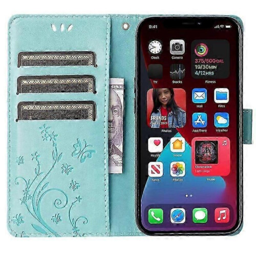 (LightBlue) Compatible For iPhone 15 Plus PU Leather Wallet Cover Cell Phone Case Imprinted Butterflies Shell Stand with Strap 1